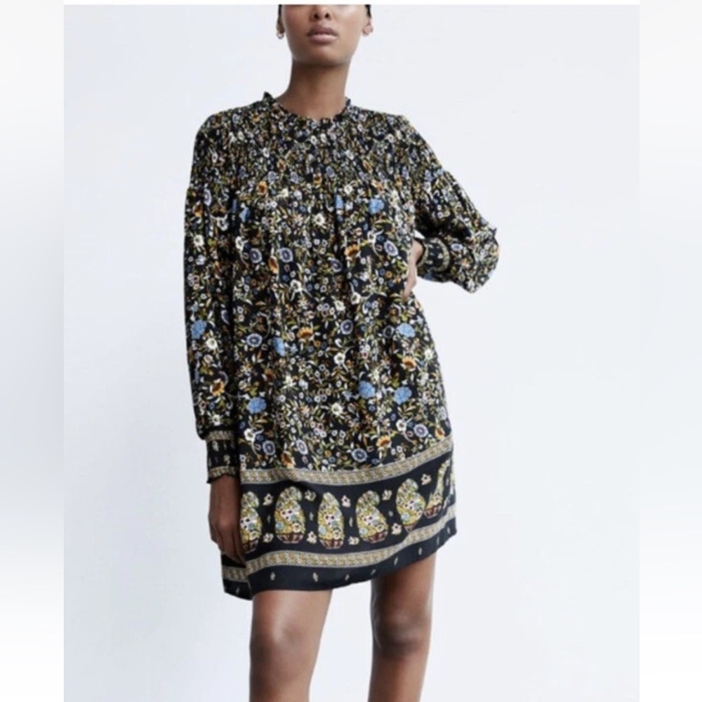 Zara Smocked Long Sleeve Floral Print Dress M Size XL Swing Fall